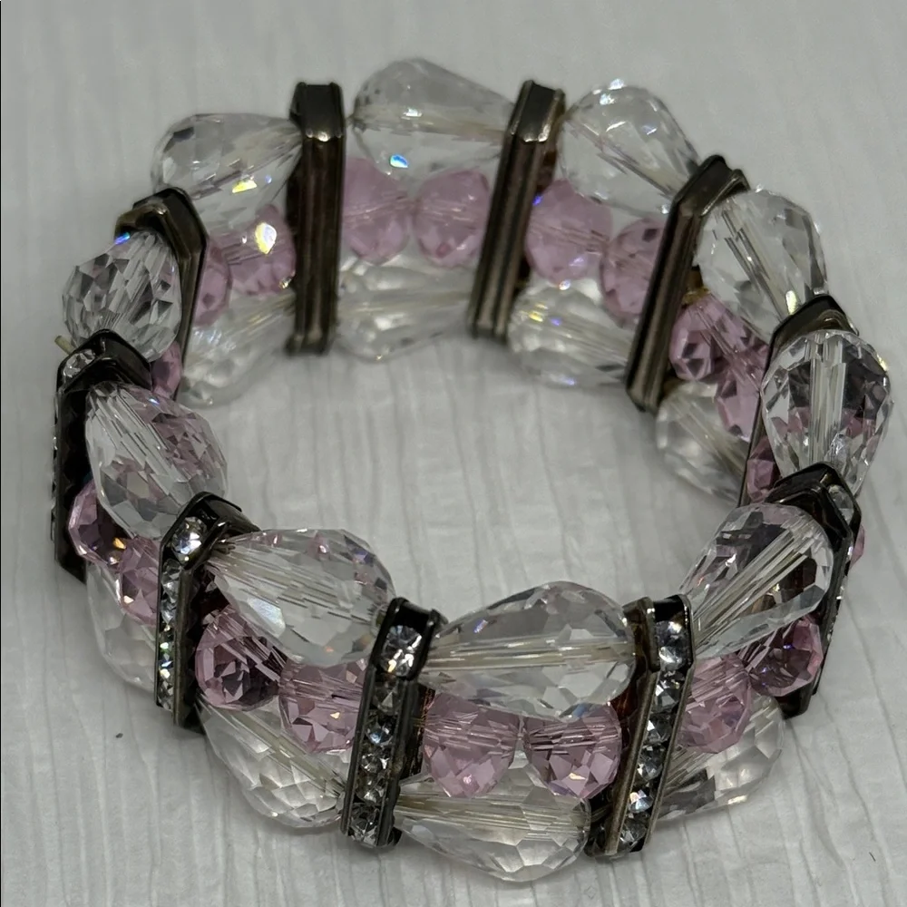 Beautiful Pink and Clear Crystal Stretch Bracelet rhinestone gun metal spacers